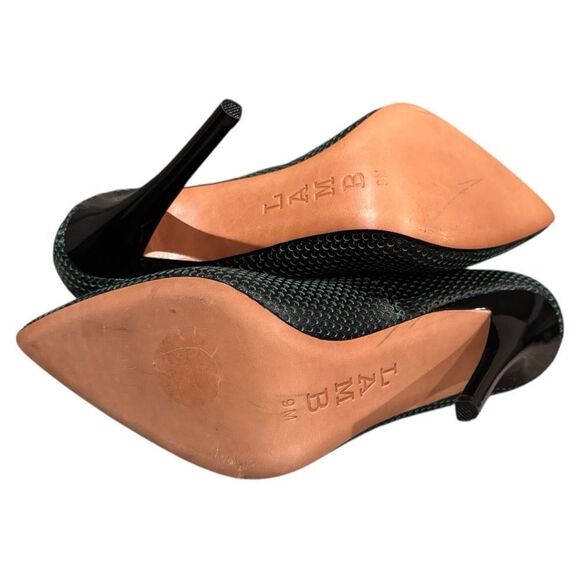 L.A.M.B. Bee Pump Perforated Mesh Leather Black Green Point Toe Slim Heel Sz 9 - Picture 11 of 13